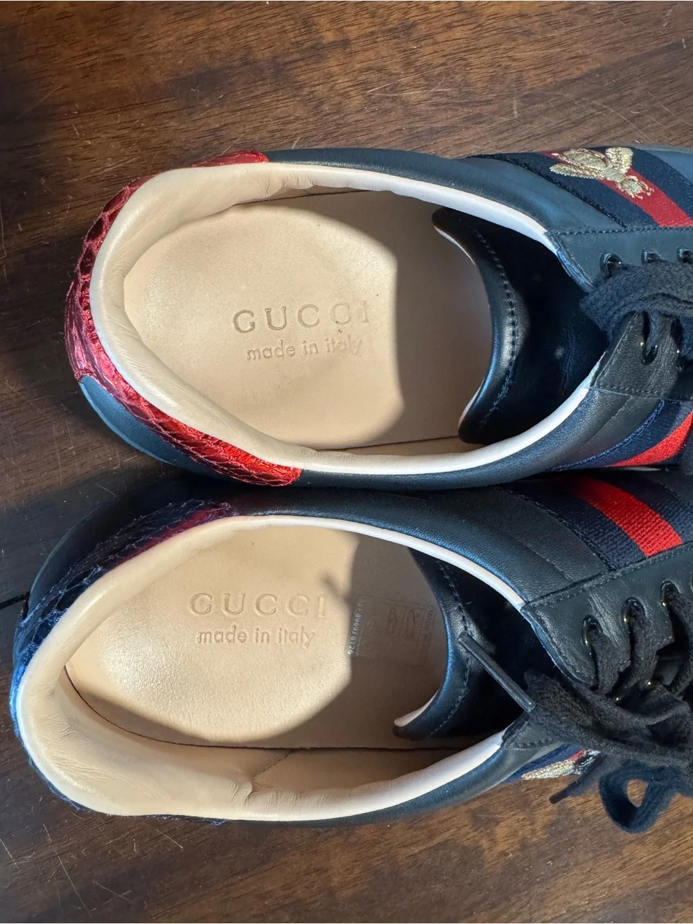 Gucci Black Leather Ace Sneaker with Red & Blue Stripe and Gold Bee